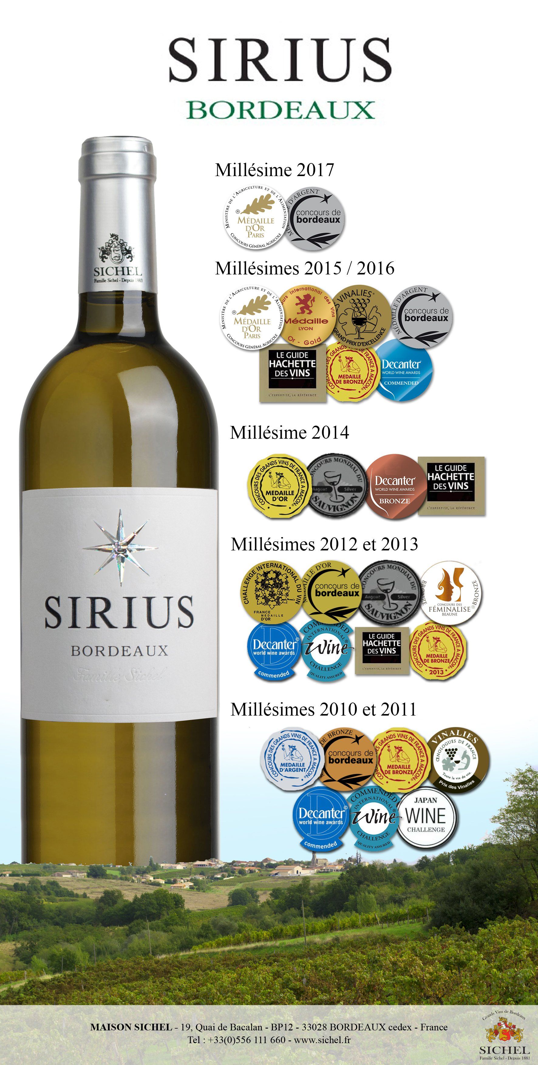 Fles witte wijn Sirius Bordeaux met diverse prijsstickers, afgebeeld tegen een wijngaardlandschap.