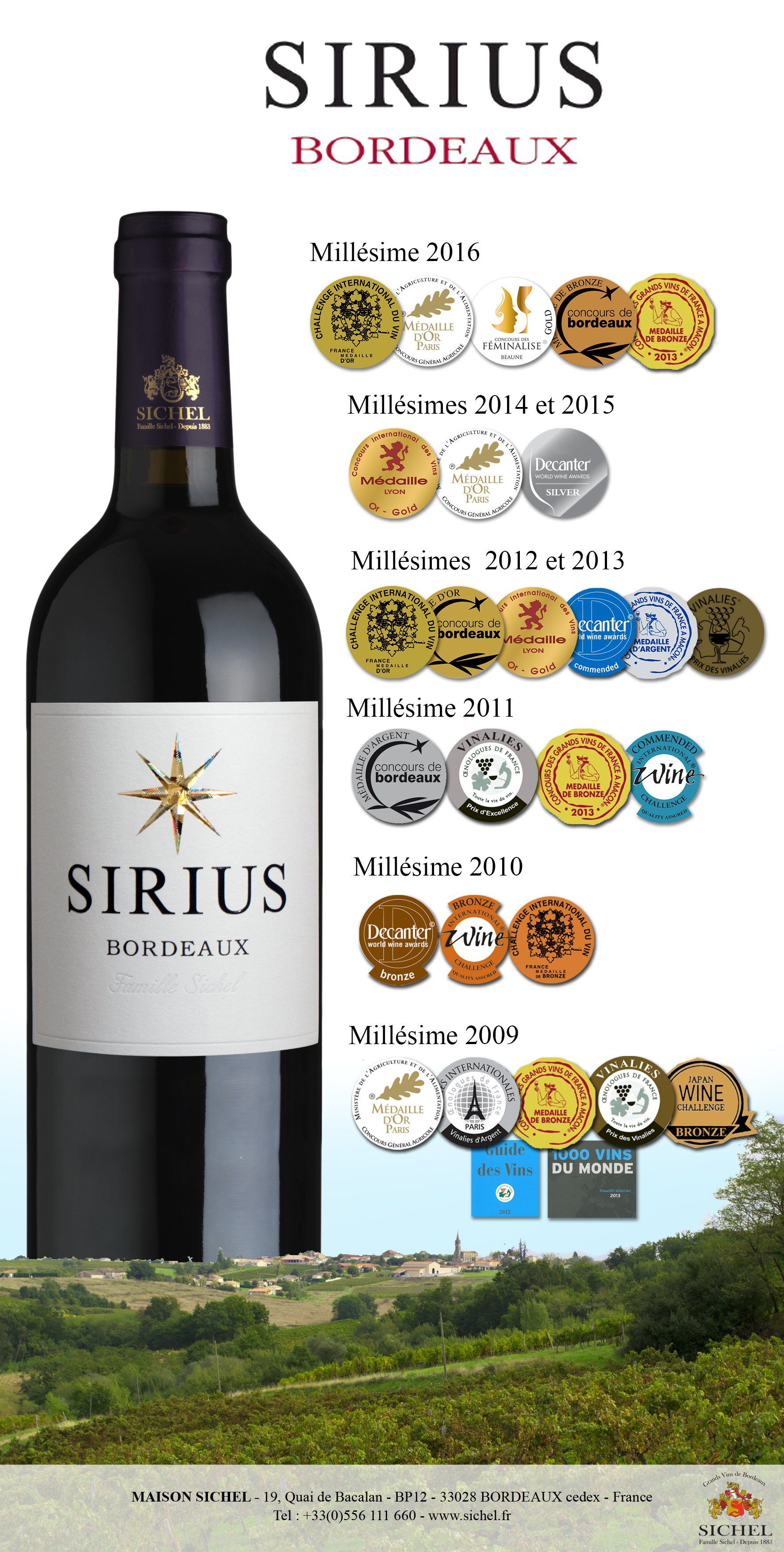 Een fles rode Bordeauxwijn van Sirius, bekroond met talloze medailles, afgebeeld tegen de achtergrond van een wijngaardlandschap.