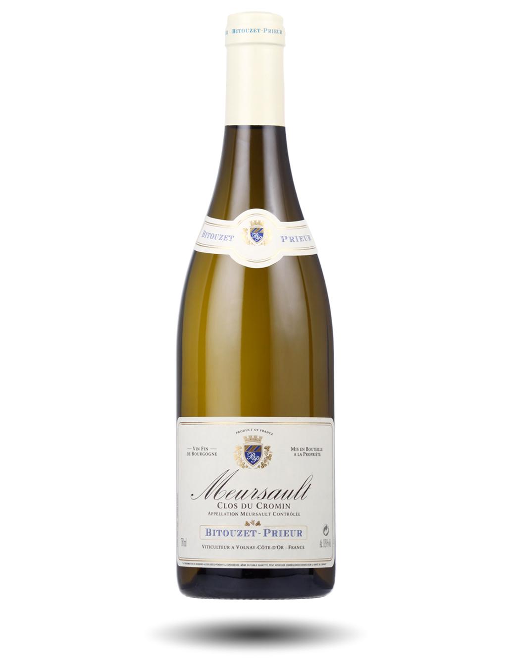 Fles witte Meursault-wijn met een crèmekleurig etiket.