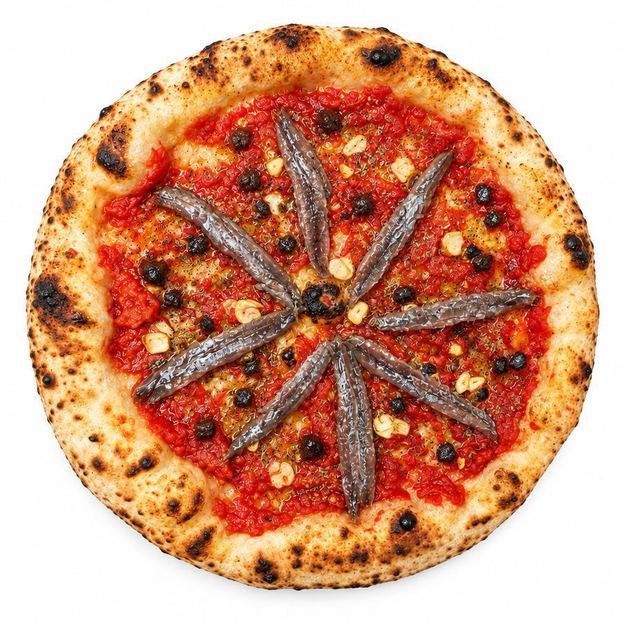 Pizza Napoletana met ansjovis en zwarte olijven