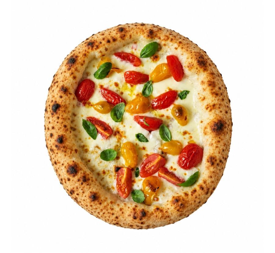 Pizza Tramonto met rode en gele kerstomaatjes