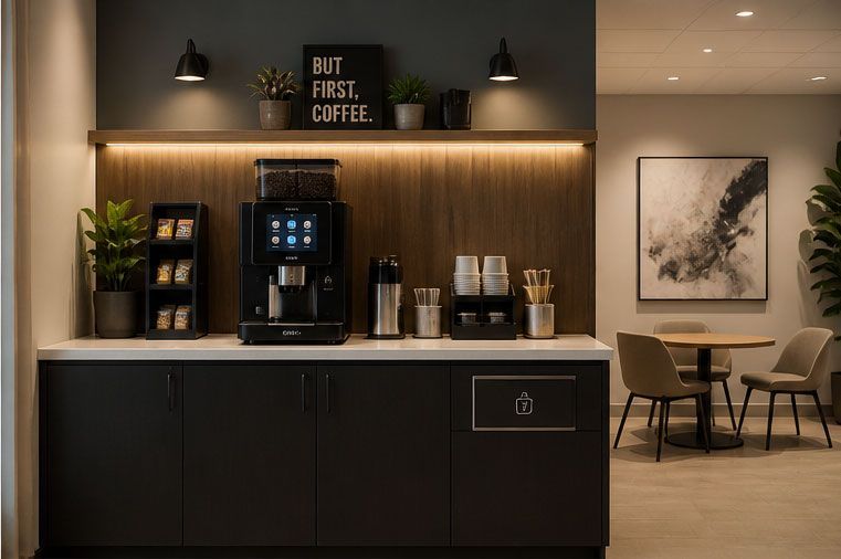 Modern coffee bar with espresso machine, cups, plants, and seating in a warm lounge area