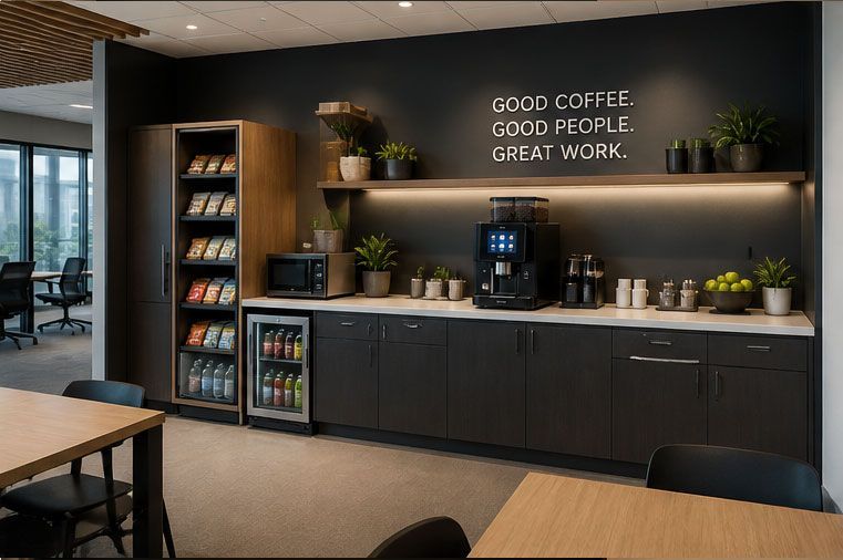 Modern coffee station with mugs, plants, and sign reading “GOOD COFFEE GOOD PEOPLE GREAT WORK.”