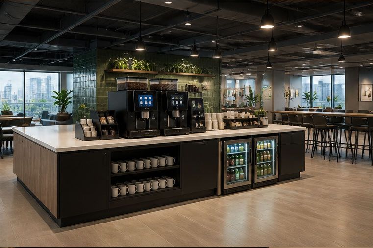 Modern café with a central coffee counter, beverage machines, and seating in an open, industrial-style space