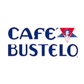 Café Bustelo logo in blue text with a red triangle emblem and a small face icon
