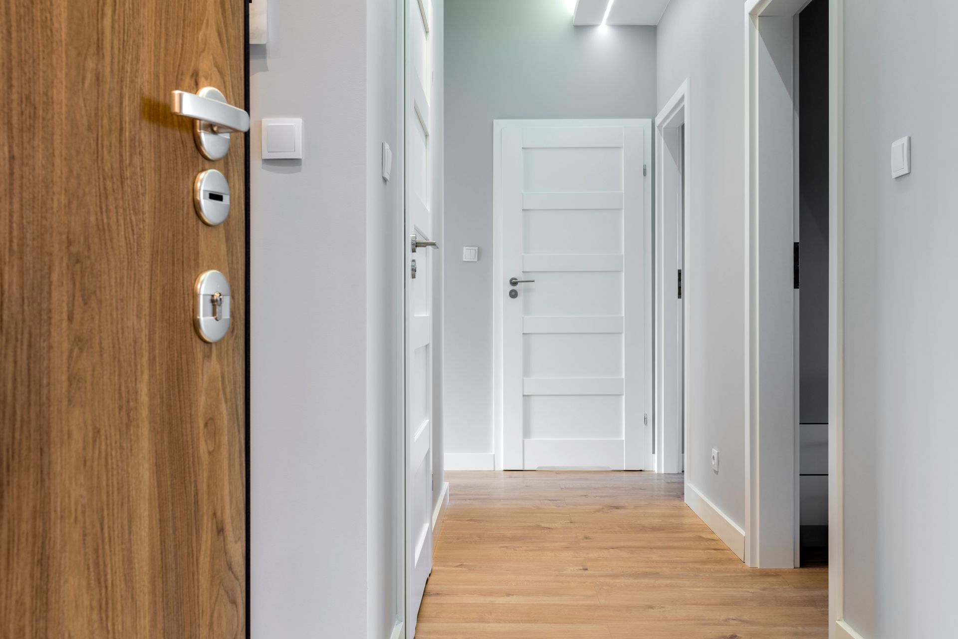 Corridor with wooden floor and white interior doors