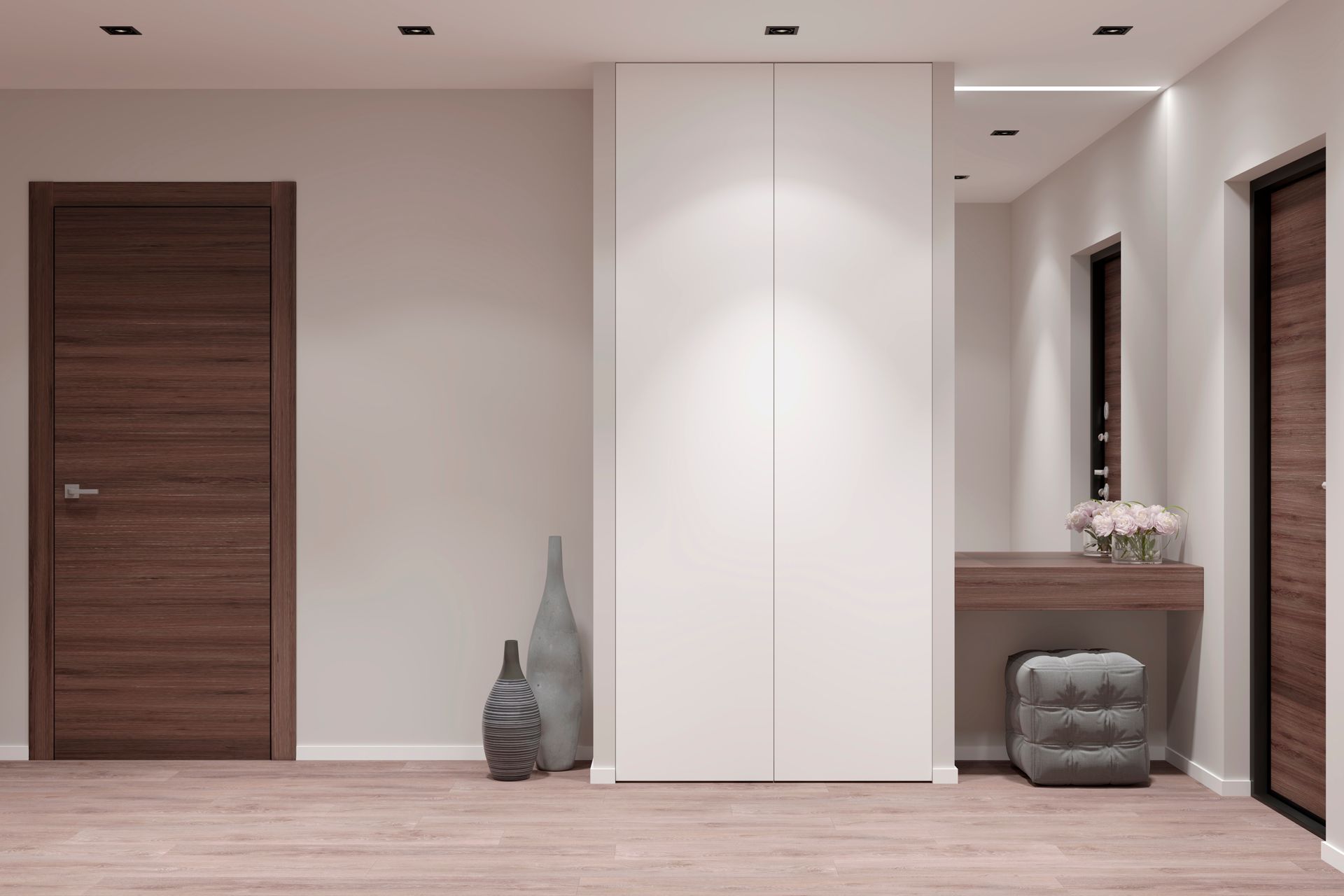 Hallway with brown wooden doors, white closet, small table with flowers, and a stool.