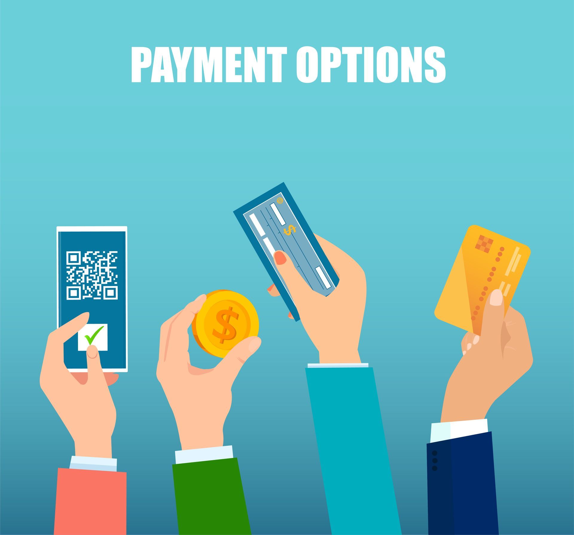 Hands holding payment methods: smartphone QR code, coin, credit card, and debit card.