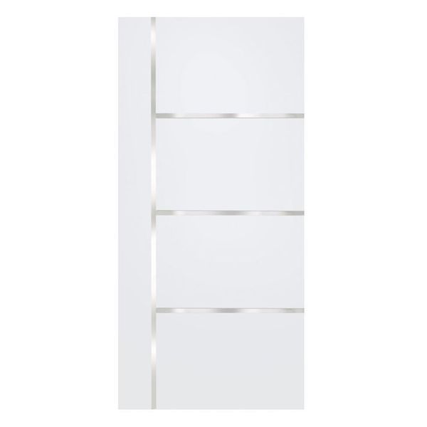 White interior door with four horizontal silver bands.