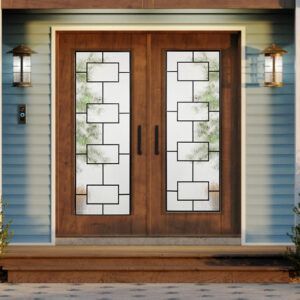 Double wooden front doors with rectangular glass panes, flanked by lanterns, set in a blue house facade. Double wooden front doors with rectangular glass panes, flanked by lanterns, set in a blue house facade.