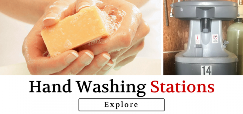 Hands washing with a soap bar next to a hand-washing station dispenser with the text 
