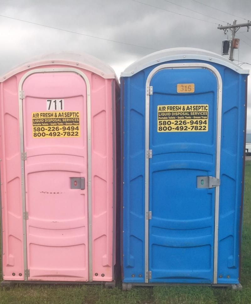 Two portable toilets, one pink and one blue, stand side-by-side on a grassy field under a cloudy sky.