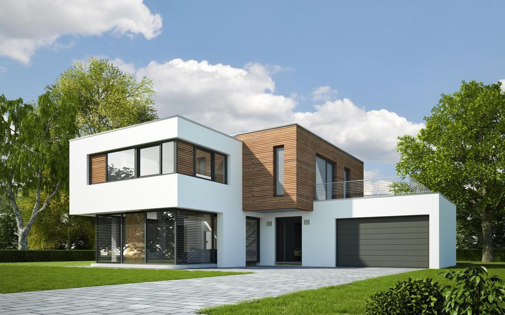 Modern two-story house with white and wood exterior, large windows, and a garage in a green yard