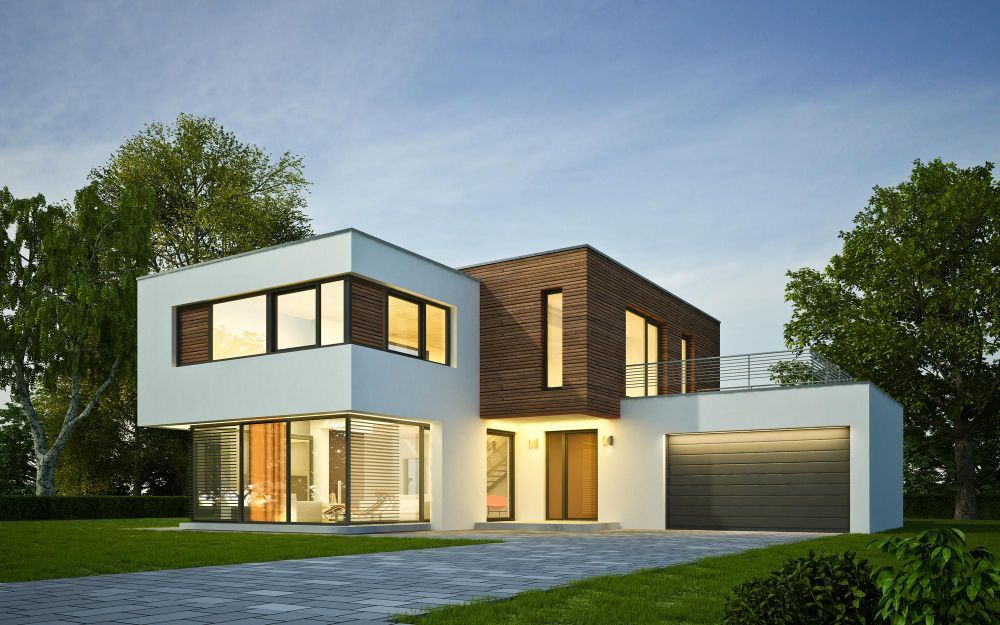 Modern two-story house with glass windows, wood accents, and a garage at dusk