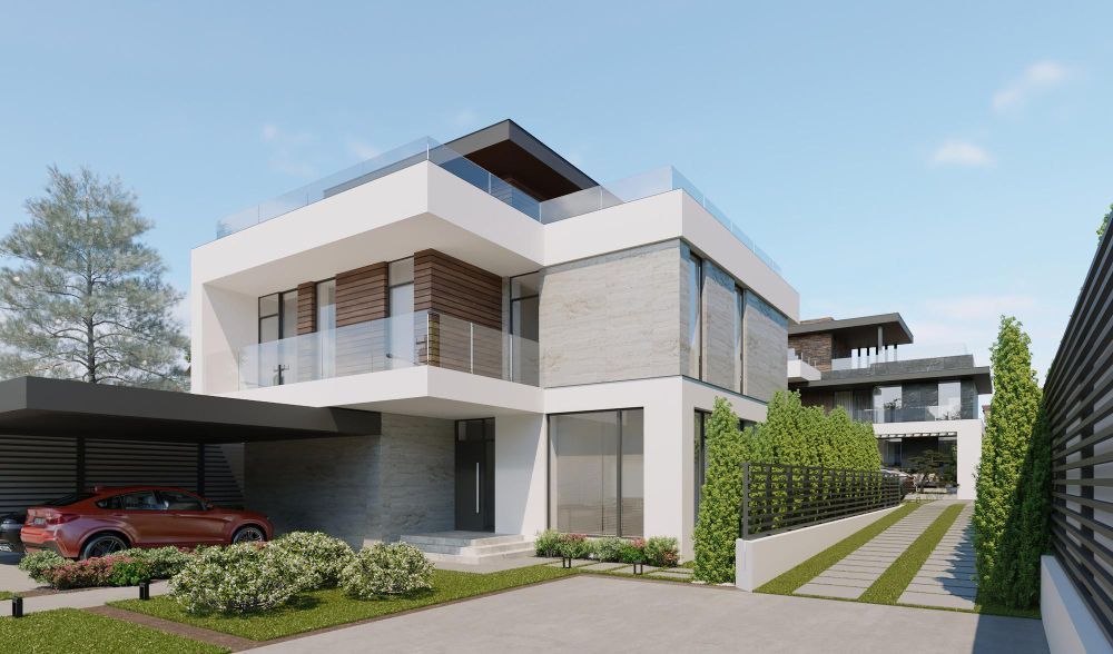 Modern two-story luxury house with carport, landscaped driveway, and glass balcony facade