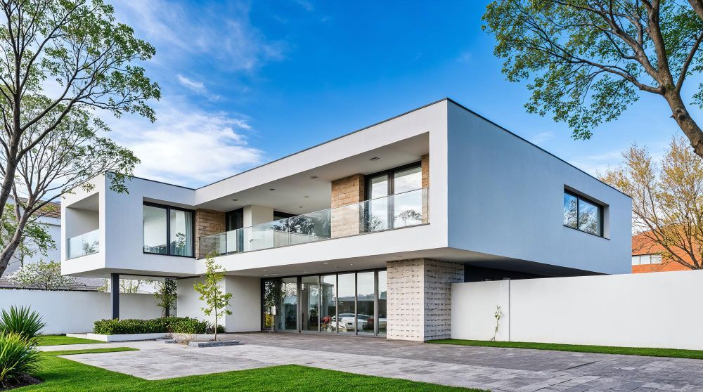 Modern two-story white house with large windows, flat roof, and landscaped yard under a blue sky