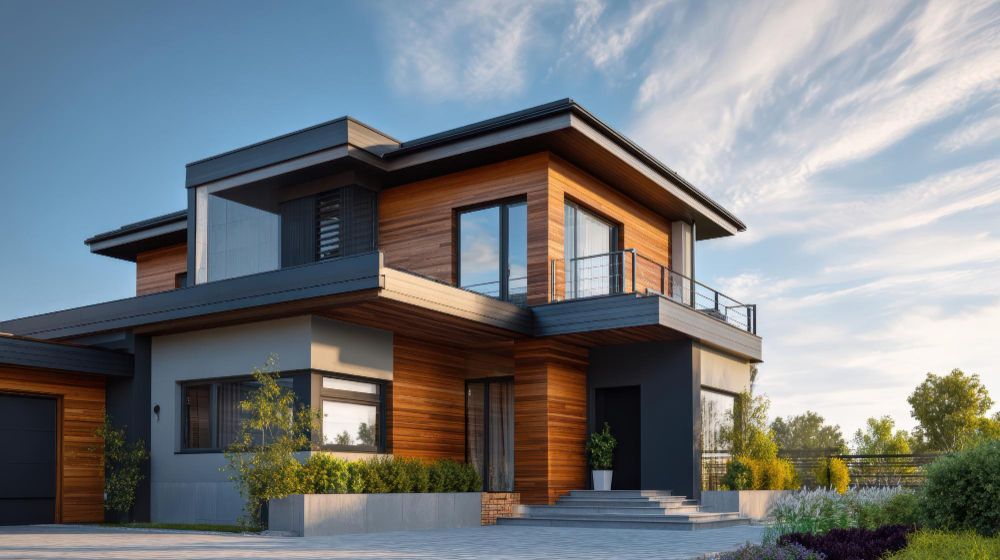 Modern two-story house with dark wood siding, large windows, and a landscaped front yard at sunset