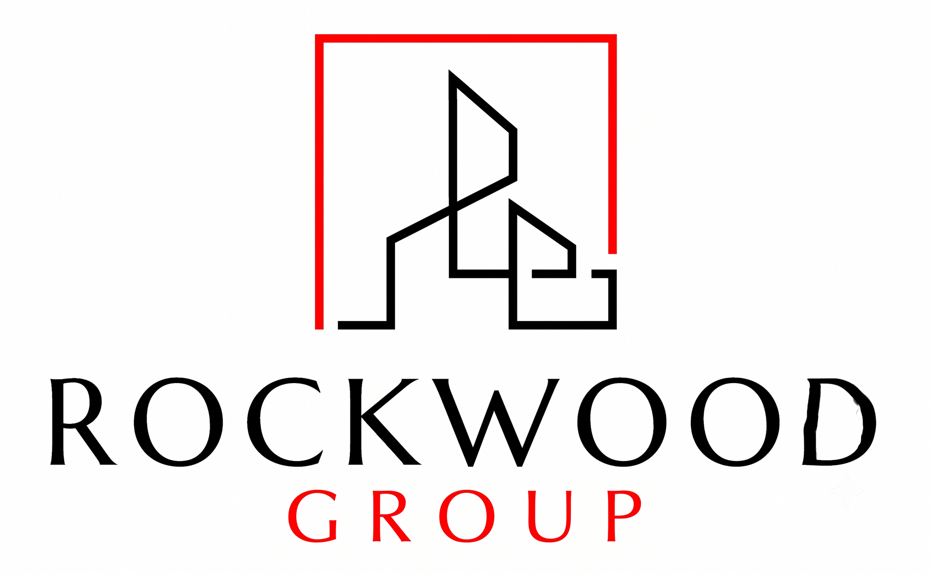 Rockwood Property Group logo with white line-art house inside a red square on black background