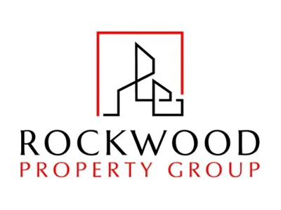 Rockwood Property Group logo with black geometric skyline and red frame above text
