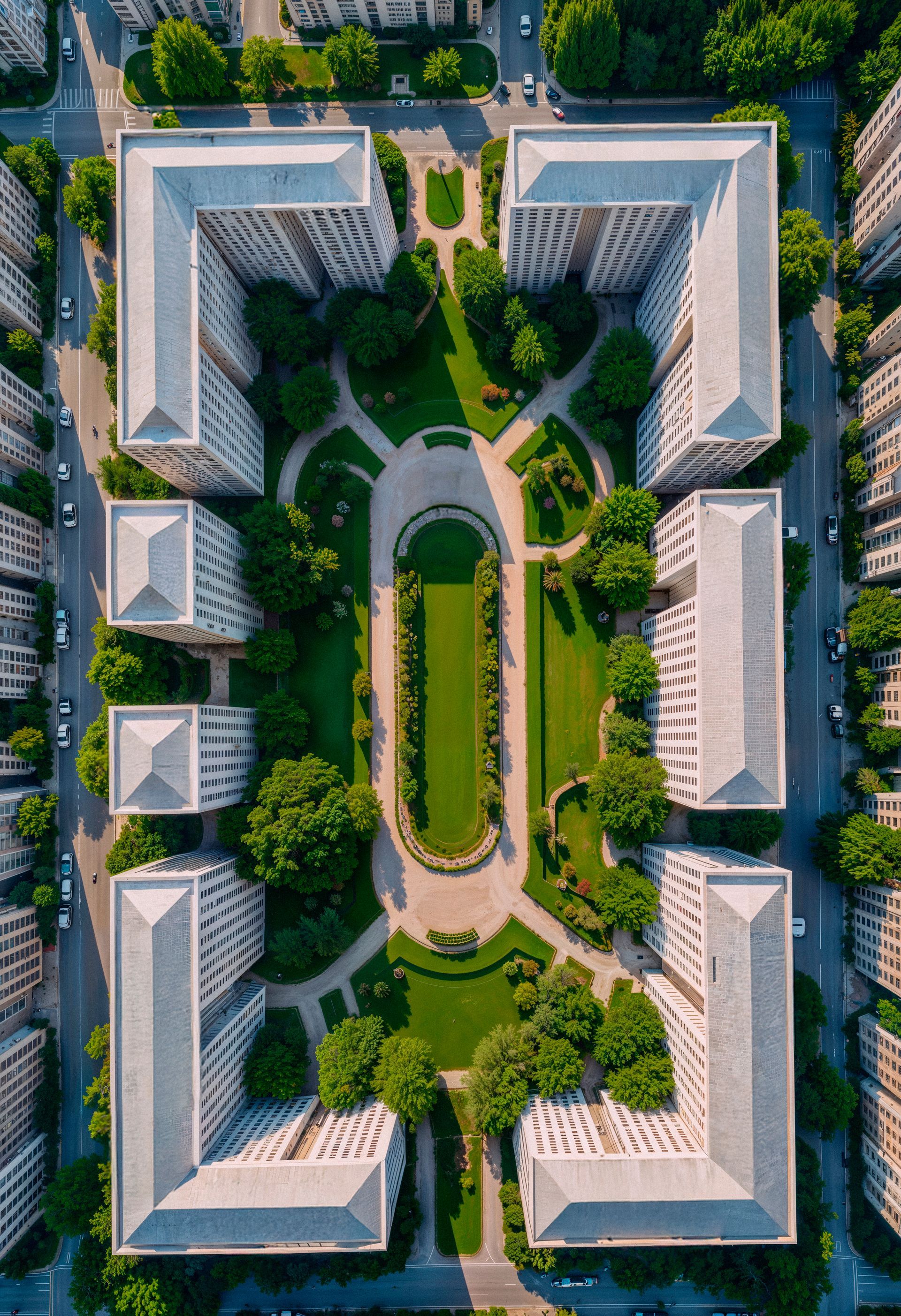 Aerial view of a courtyard surrounded by white apartment buildings and green lawns.