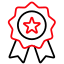 Red and black award badge icon with a star in the center and ribbon tails below.