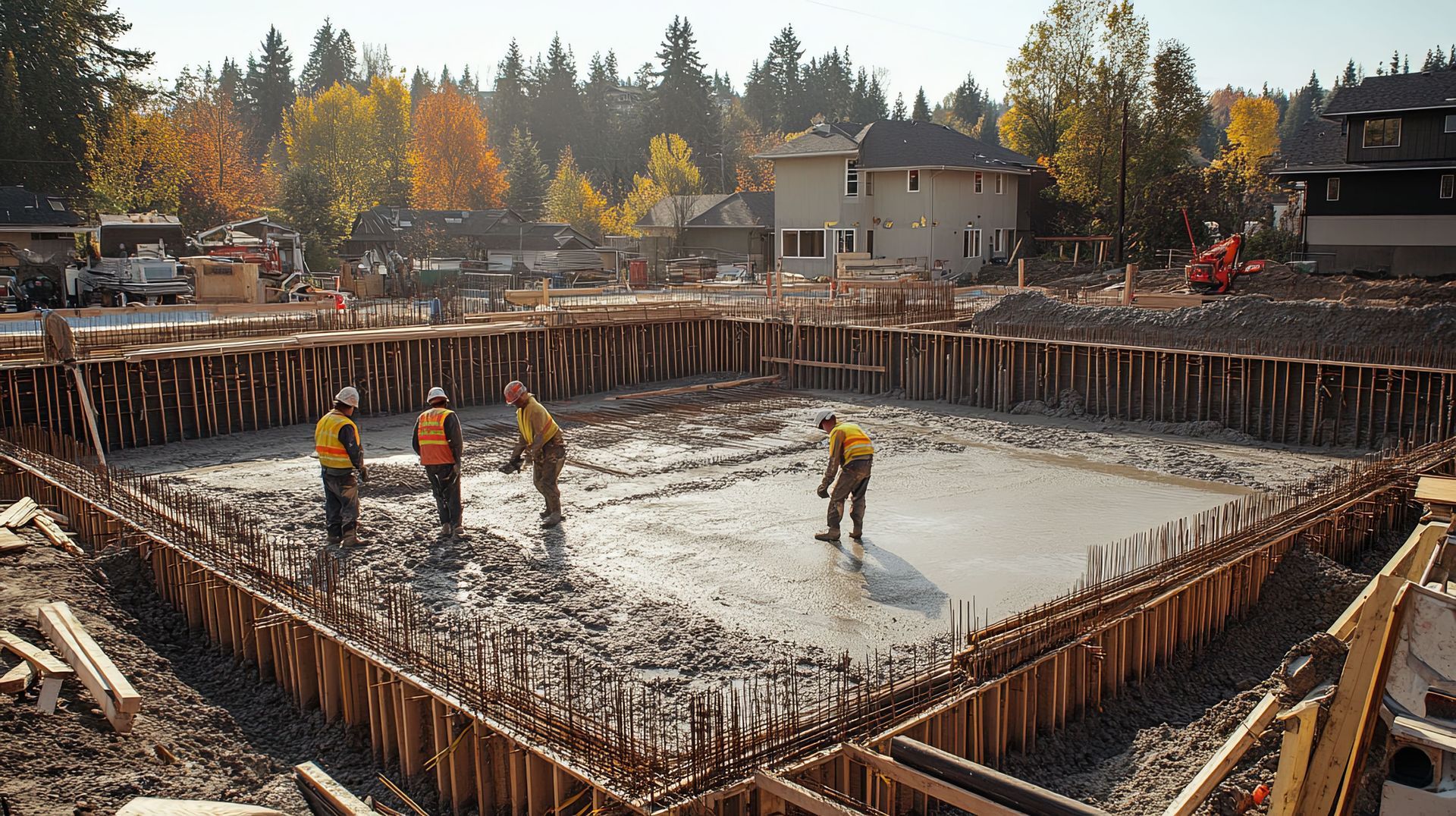 Construction workers pouring concrete for a house foundation at a residential site