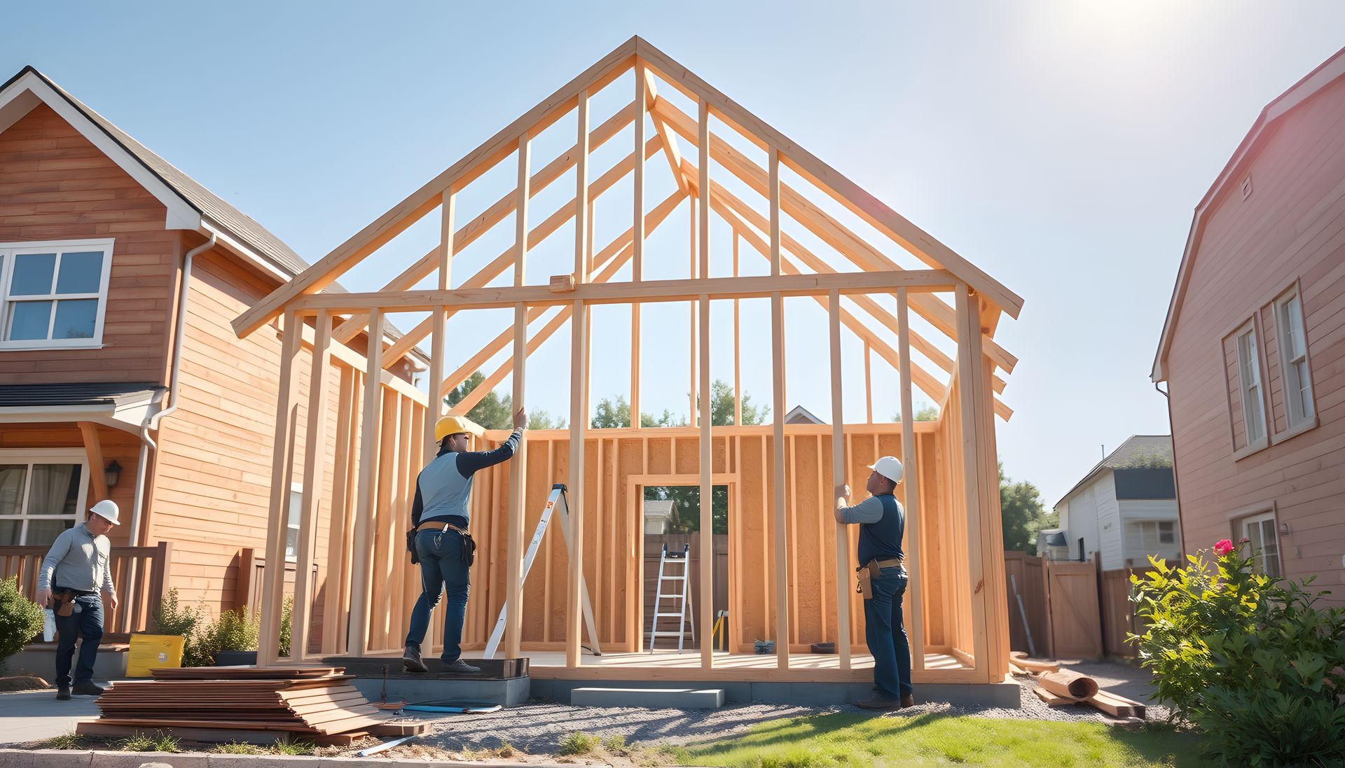 Three workers framing a wooden house under construction in a suburban neighborhood