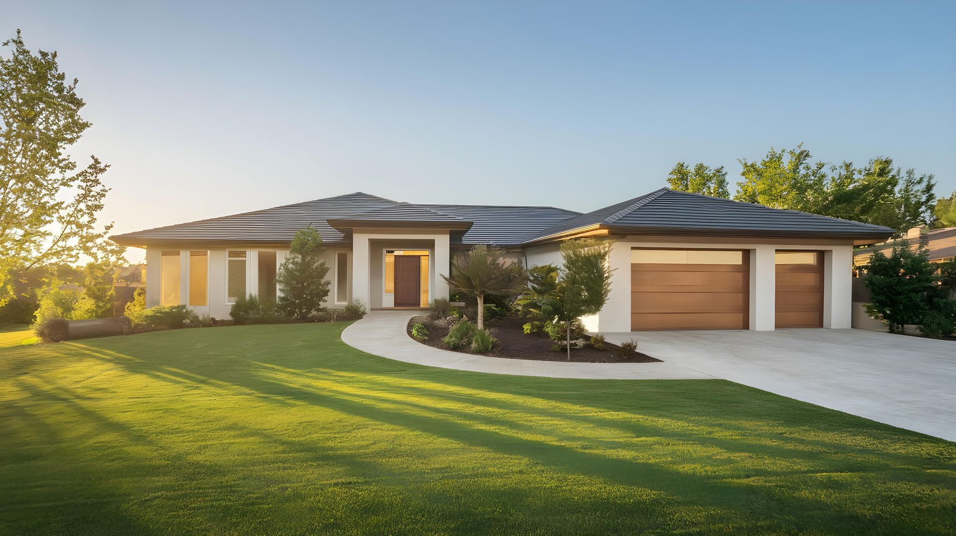 Modern single-story house with a manicured lawn, curved driveway, and two-car garage at sunset