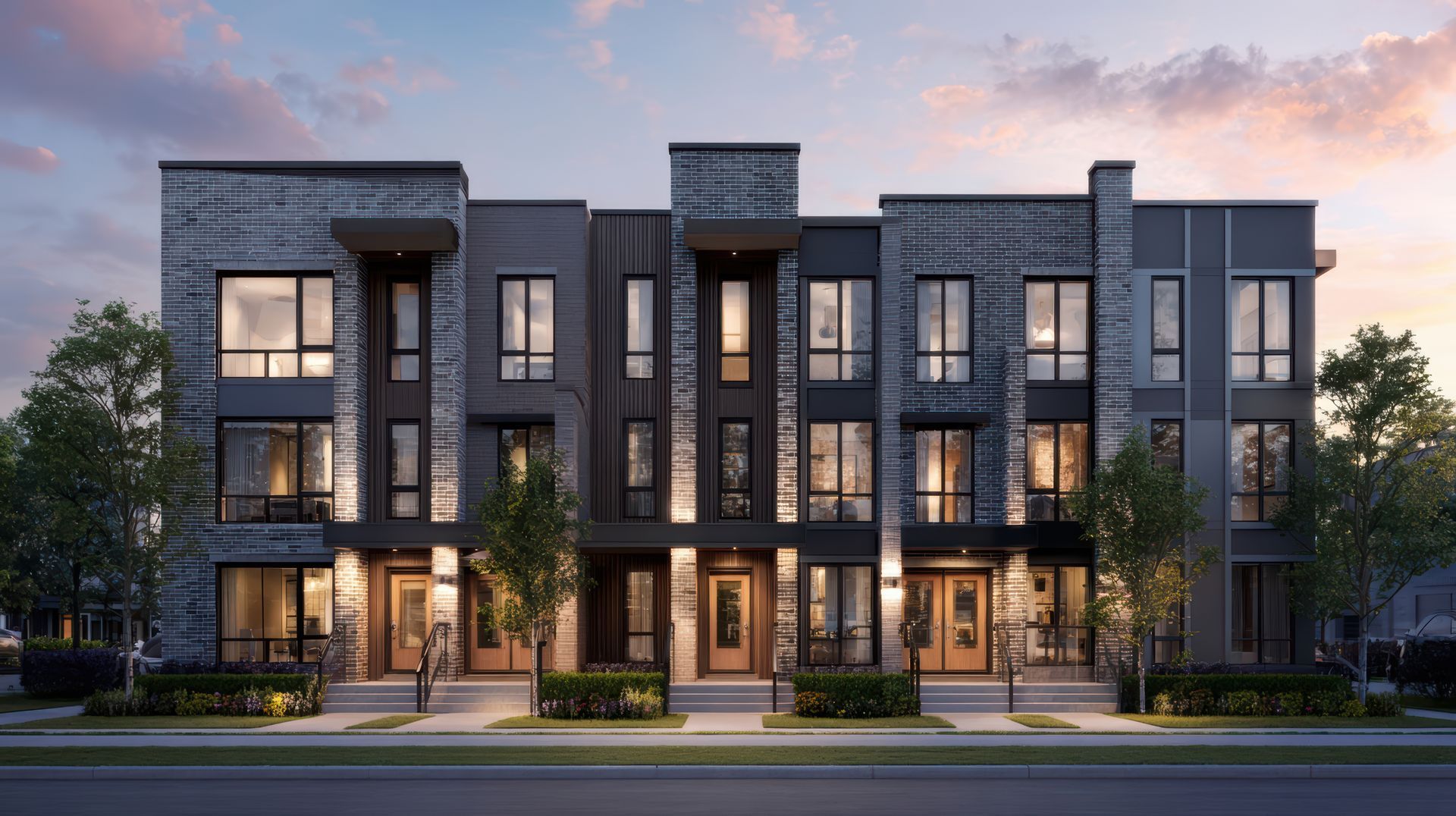 Modern townhouse complex with lit windows at dusk and trees along the street