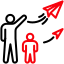 Three stylized figures with red arrows, symbolizing guidance or movement from one person to another