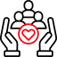 Hands surrounding a red heart with a group icon, symbolizing care and support