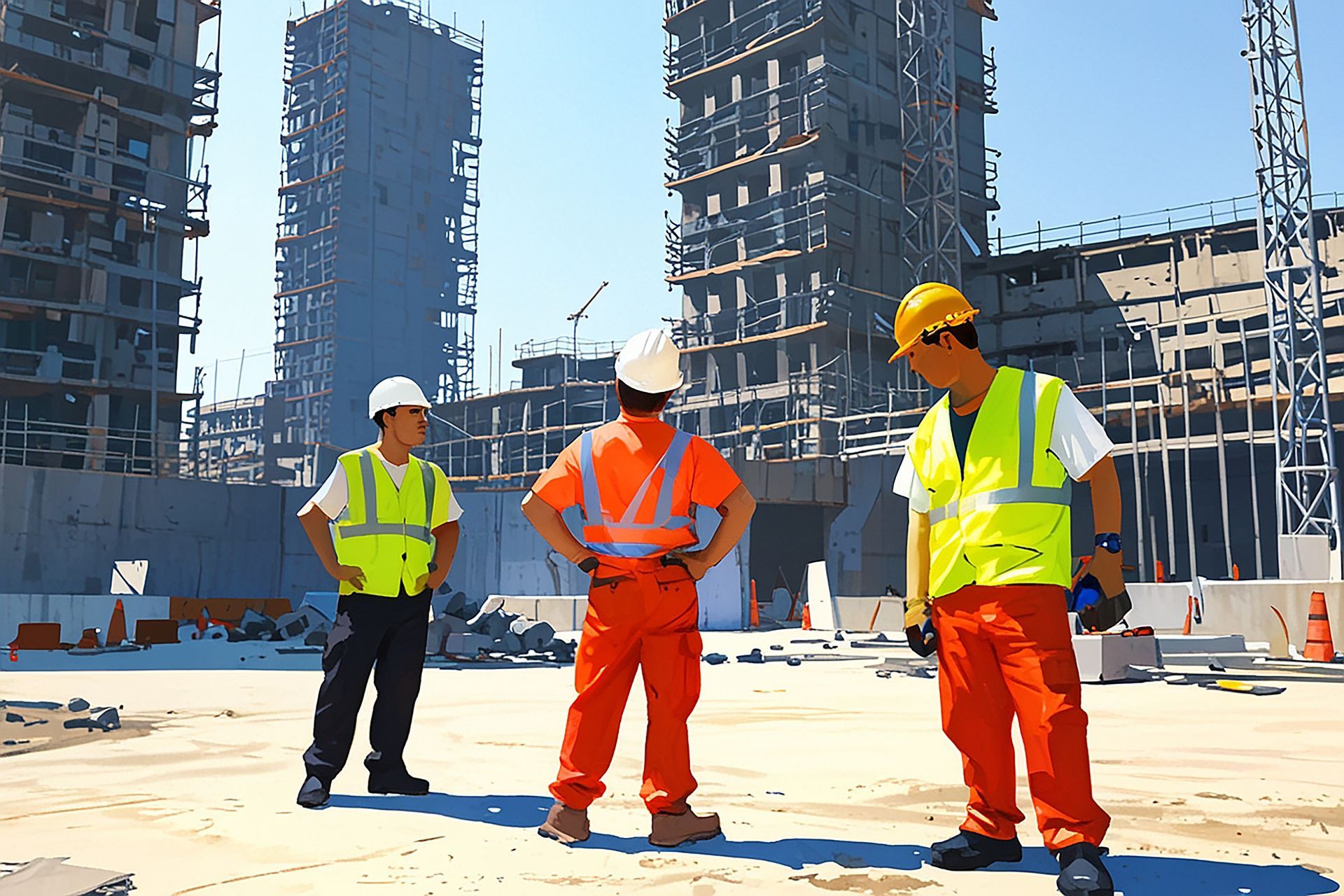 Construction workers in hard hats and safety vests standing on a job site with tall buildings in the background
