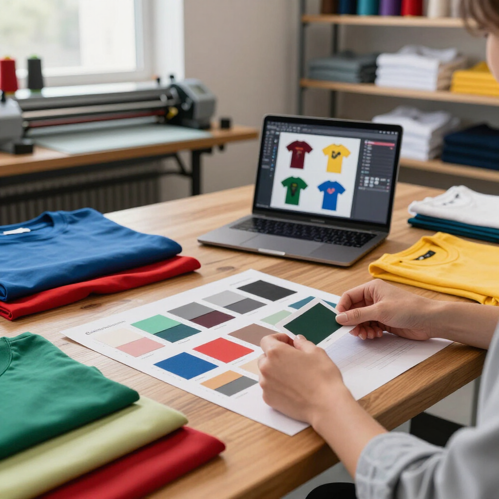 Una stilista esamina campioni di colore e prototipi di t-shirt su un computer portatile in uno studio di abbigliamento.