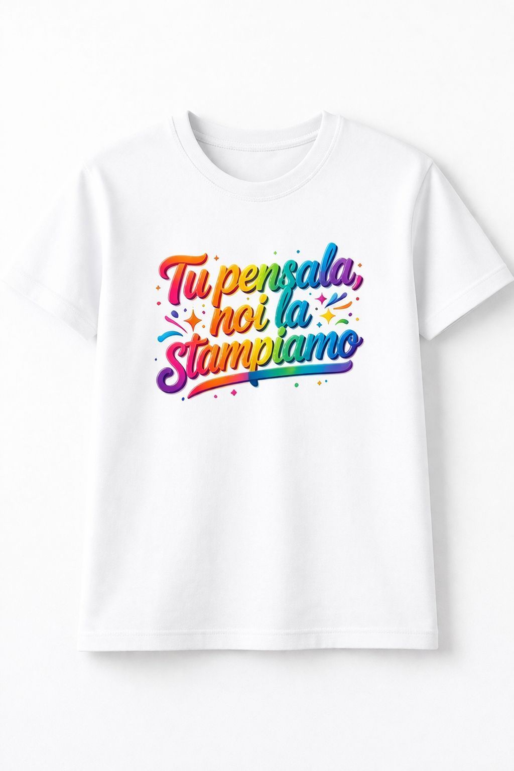 T-shirt bianca con scritta grafica colorata in stile “Tirerada noi a Stampiamo” sul petto