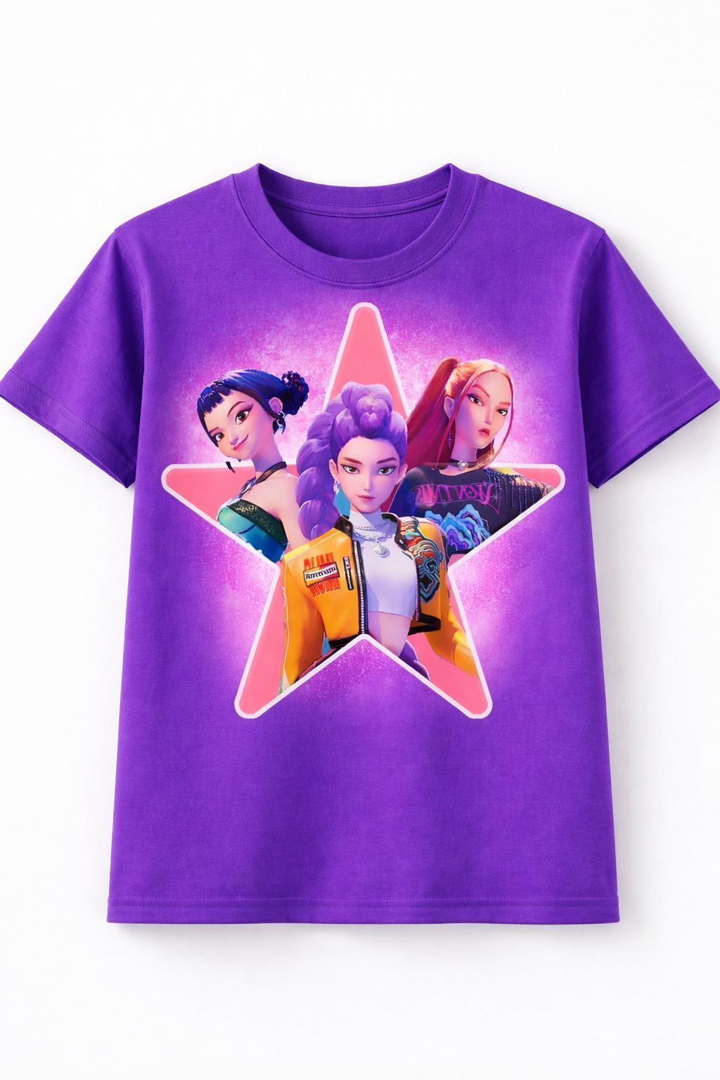 T-shirt viola con una grafica a stella al neon raffigurante tre personaggi animati.