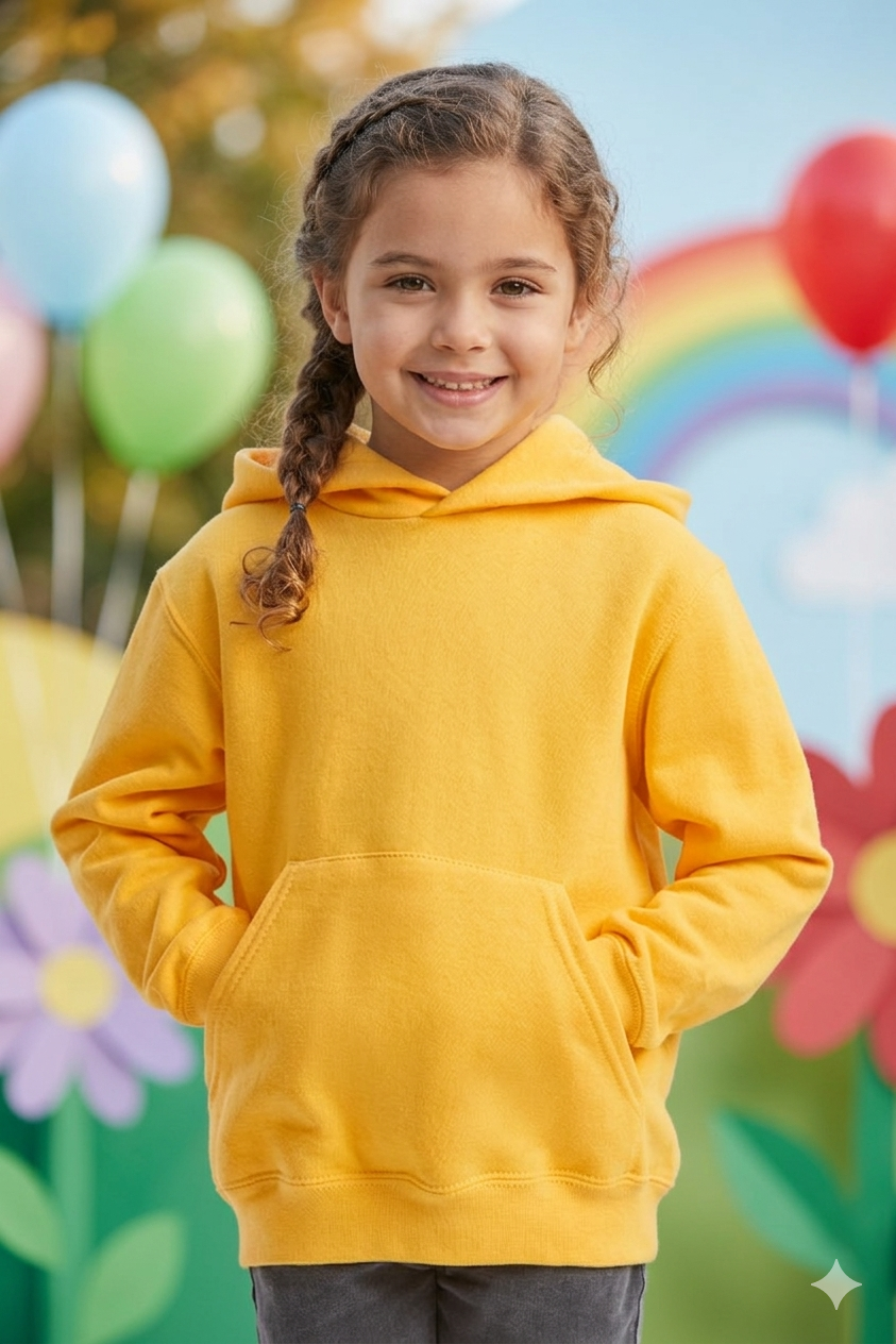 Bambino con felpa gialla sorridente con le mani in tasca, sullo sfondo di uno sfondo colorato pieno di palloncini.