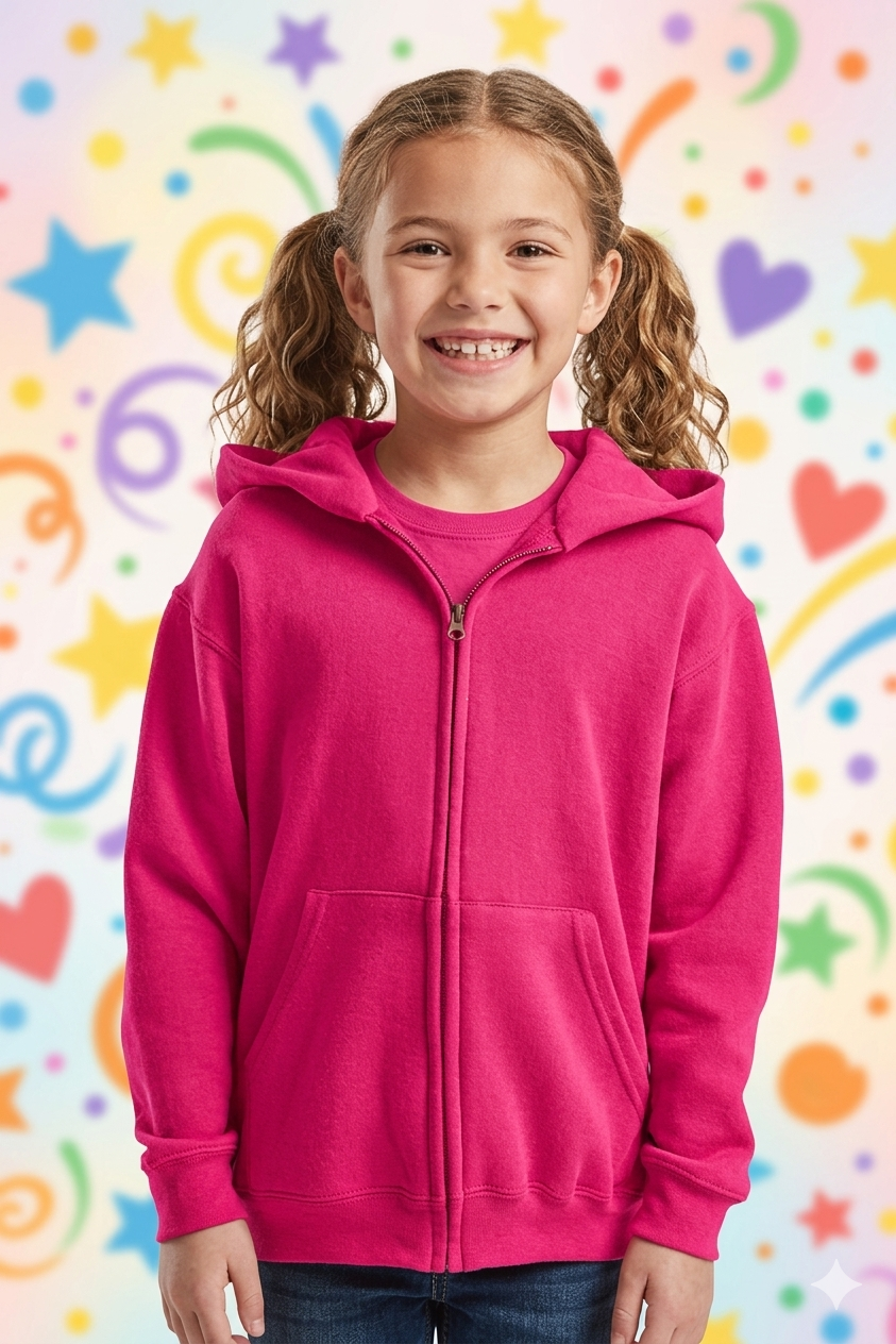 Bambino sorridente con una felpa rosa acceso su uno sfondo colorato di cuori e stelle.