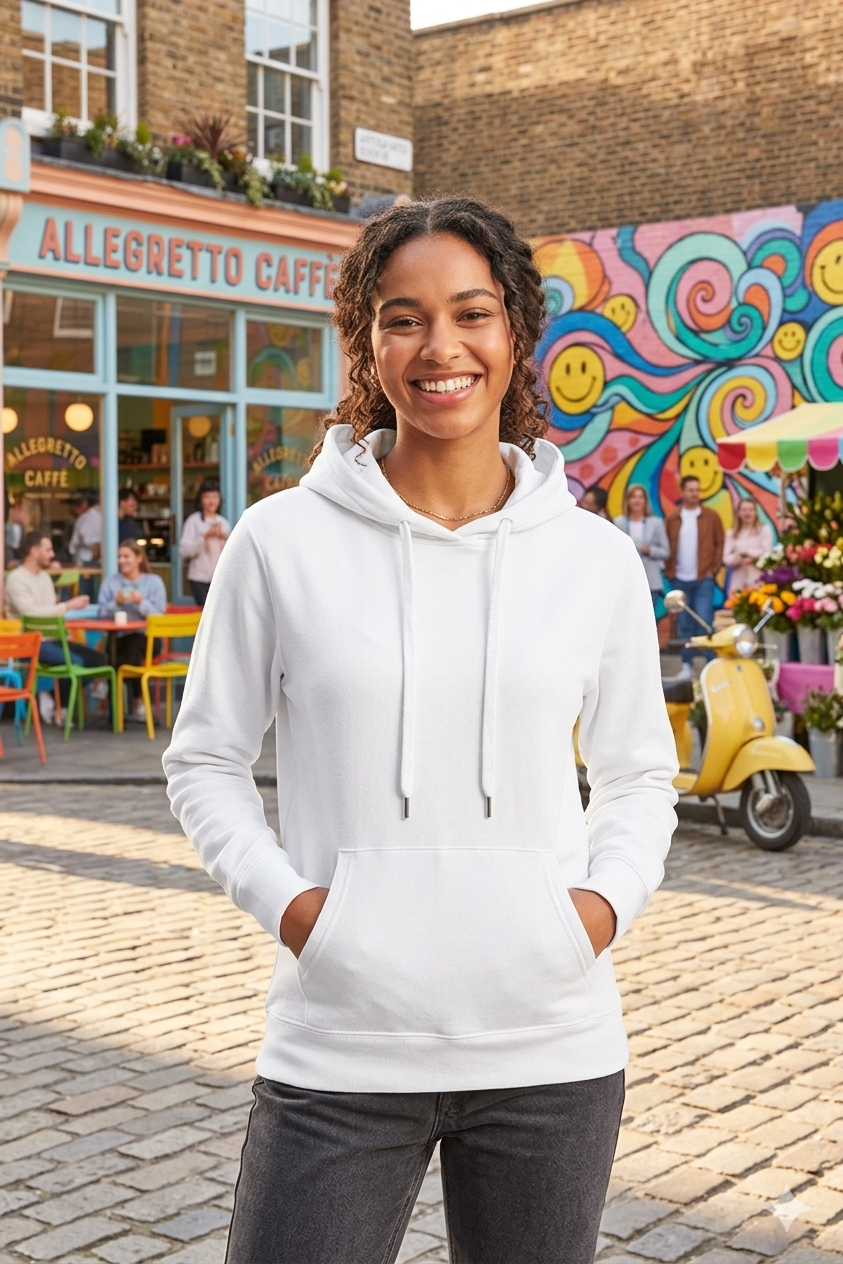 Una persona con una felpa bianca sorride davanti a un murale colorato e a una caffetteria.