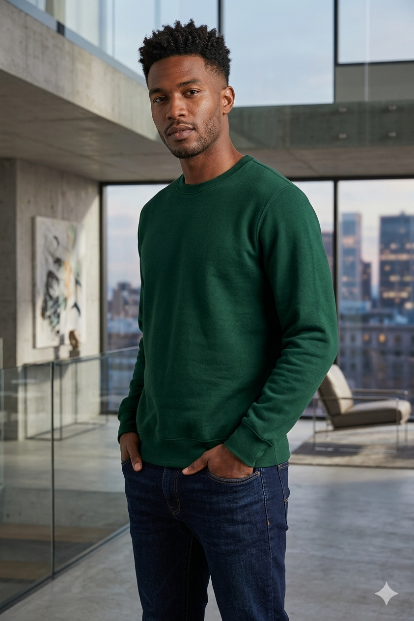 Un uomo con un maglione verde e jeans scuri in piedi in un moderno appartamento con pareti di vetro.