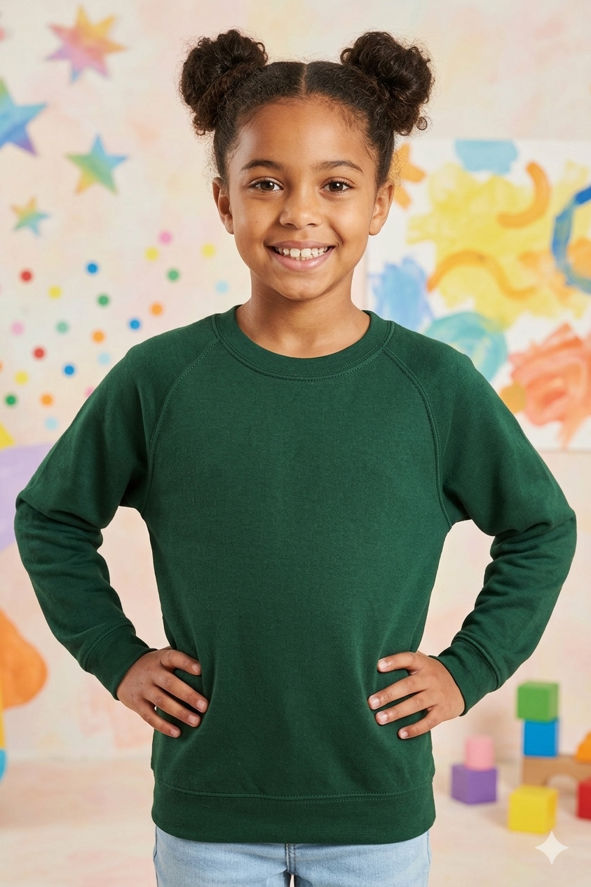 Bambino con una maglietta verde sorridente con le mani sui fianchi, sullo sfondo di un'aula scolastica colorata.