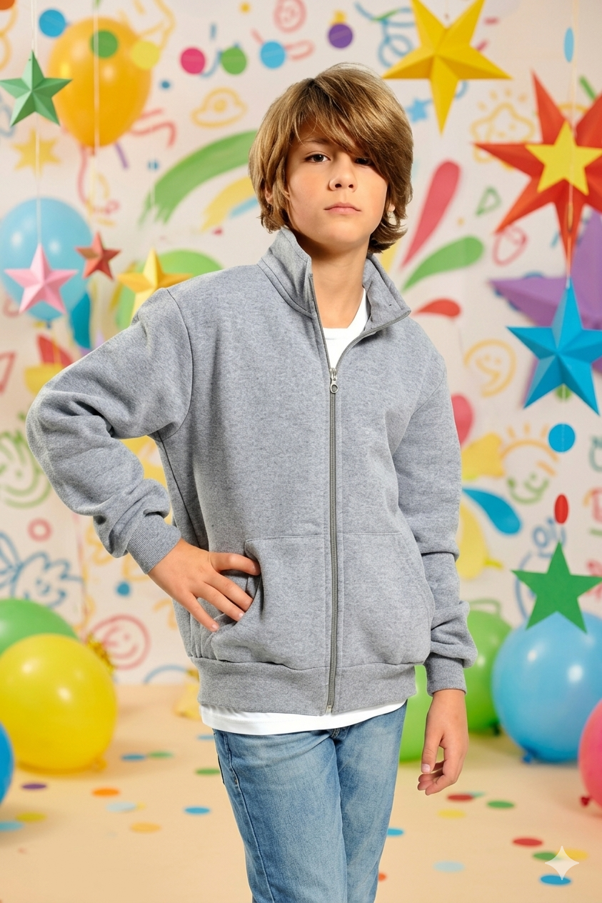 Un giovane con una felpa grigia e jeans posa davanti a uno sfondo colorato a tema stelle, perfetto per una festa.