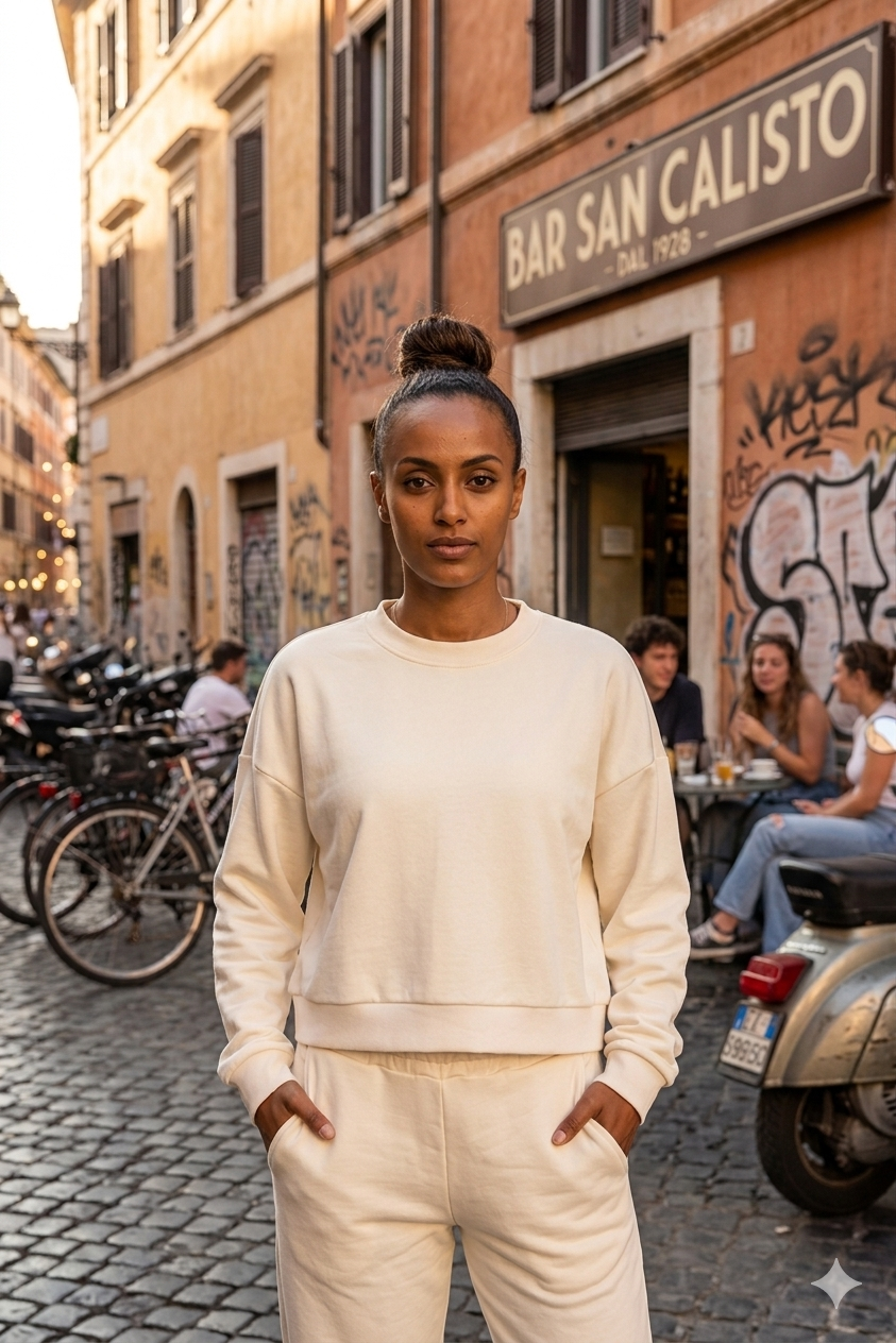 Una persona con una tuta color crema è in piedi su una strada con biciclette parcheggiate e l'insegna di un bar alle sue spalle.