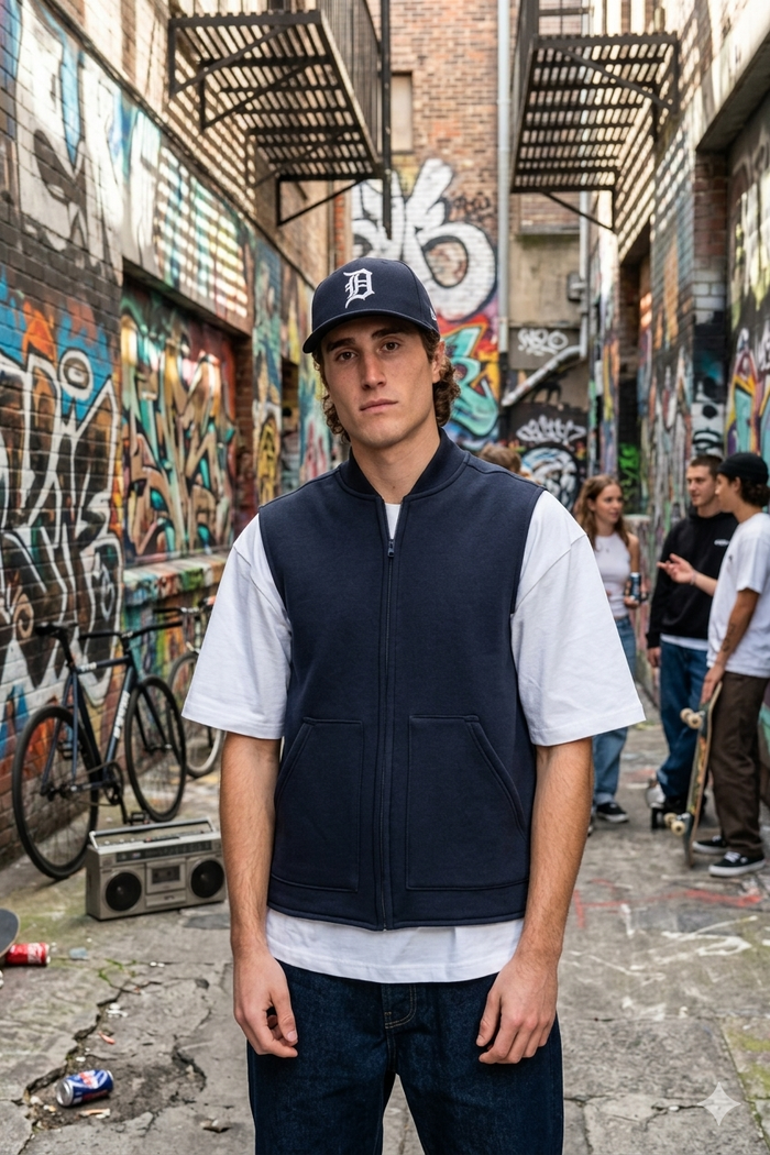 Persona con gilet e berretto blu scuro in piedi in un vicolo ricoperto di graffiti.