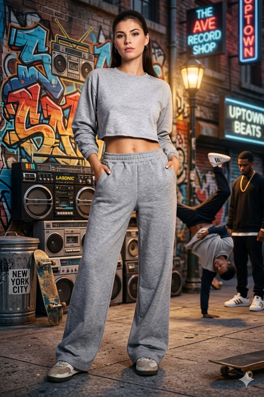 Una donna in abbigliamento sportivo grigio si trova in una scena di strada ricoperta di graffiti, con insegne al neon e skater.