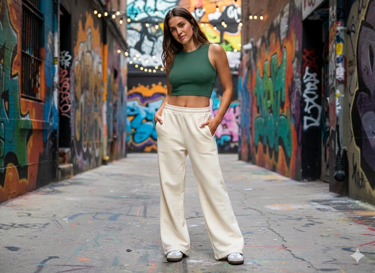 Una donna in piedi in un vicolo ricoperto di colorati graffiti, indossa un top corto verde e pantaloni color crema.