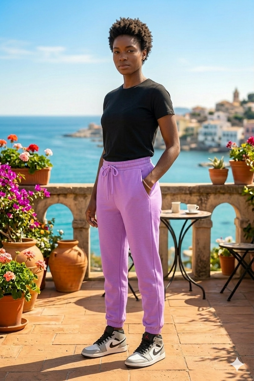 Persona in piedi su una terrazza sul mare, circondata da fiori, con indosso una maglietta nera, pantaloni viola e scarpe da ginnastica.