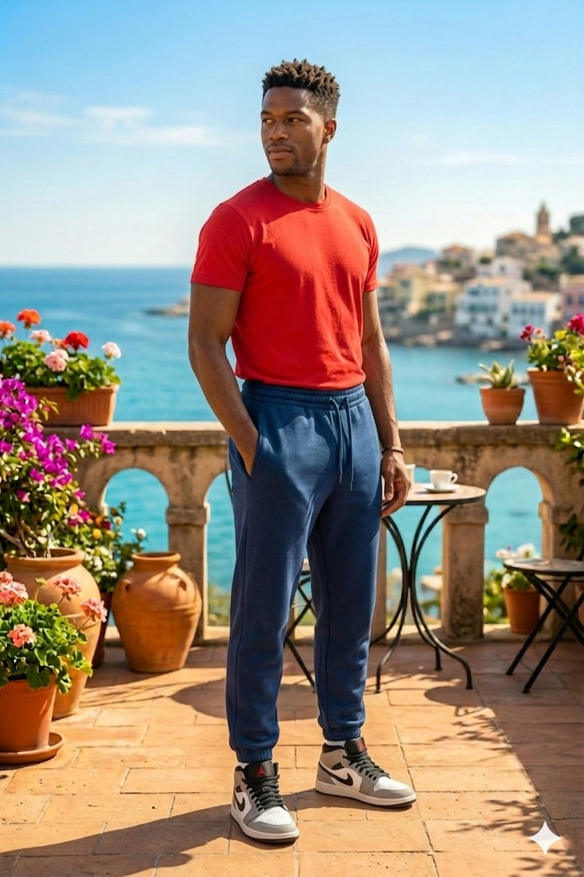 Una persona con una camicia rossa e pantaloni blu è in piedi su una terrazza soleggiata in riva al mare, circondata da vasi di fiori.
