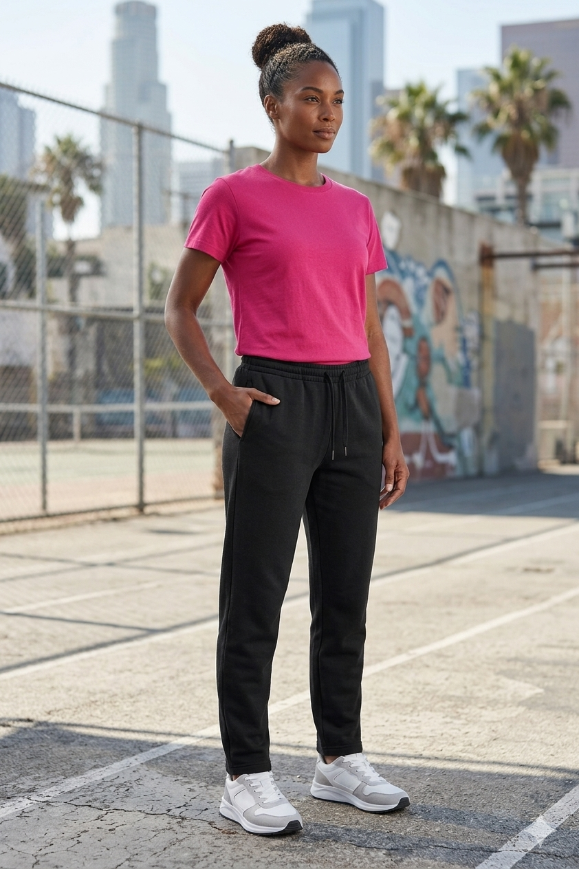 Donna con camicetta rosa e pantaloni neri in piedi su una strada cittadina con le mani in tasca.