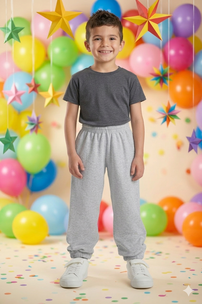 Bambina in piedi con un vestitino grigio tra palloncini colorati e coriandoli, sorridente a una festa.