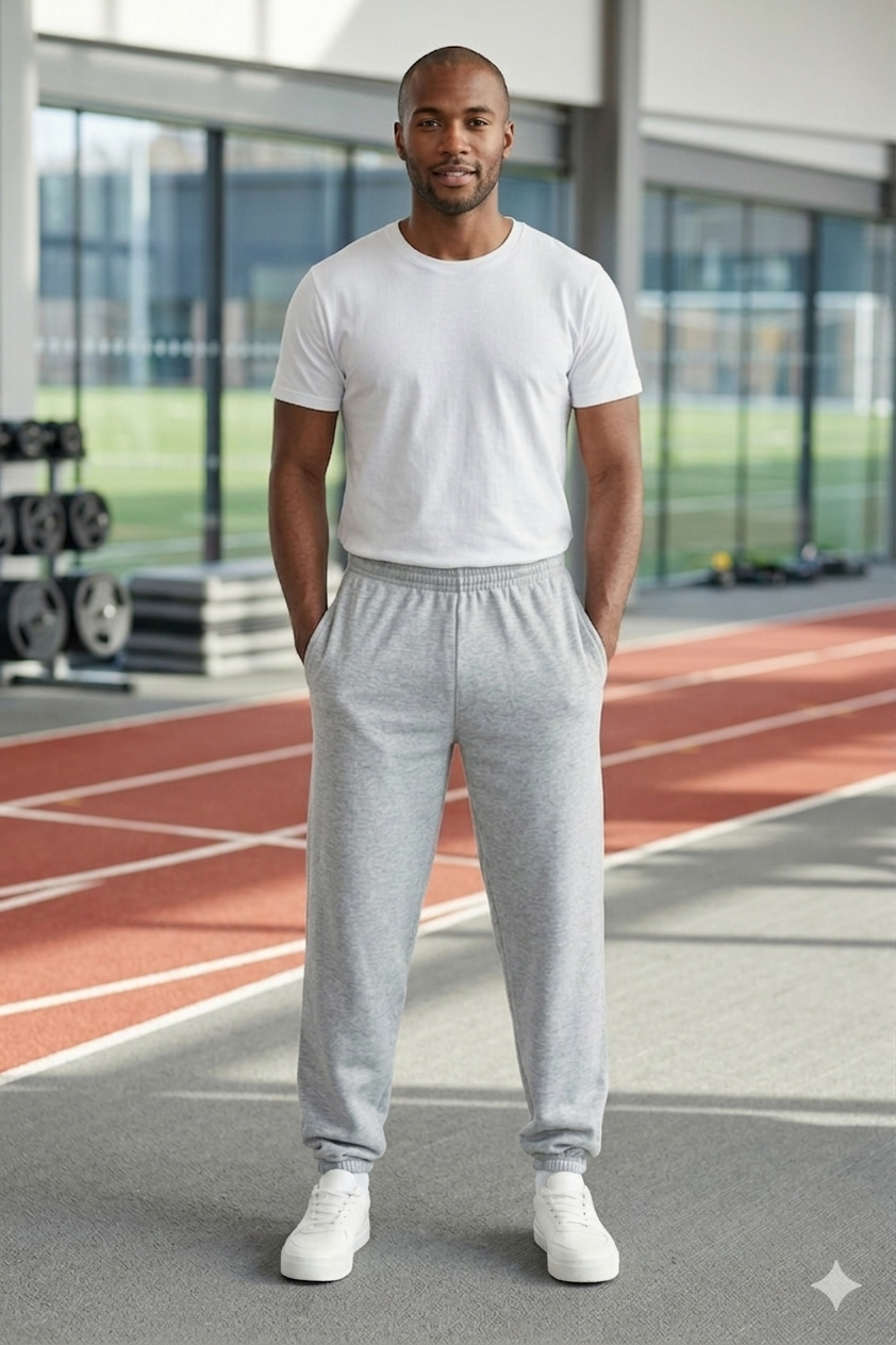 Un uomo in piedi in una palestra, con indosso una maglietta bianca, pantaloni della tuta grigi e scarpe da ginnastica bianche, si trova su una pista al coperto.